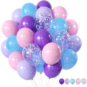 ZOOYOO 50pcs Balloons 12 Inch Pastel Purple Pink Blue Confetti Balloons for Girls Birthday Parties, Baby Shower, Ocean, Under The Sea Decorations