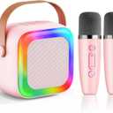 Mini Karaoke Machine for Kids Teen Adults, Kids Karaoke Machine with 2 Wireless Microphones and LED Lights Toys for Party, Home, Gifts for 4 5 6 7 8 9 10 11 12+ Years Girls Boys(Pink)
