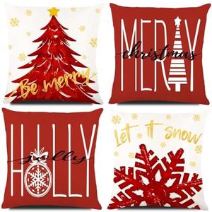 DIYDEC 8PCS Christmas Pillow Covers 18x18 inch Winter Throw Pillow Covers Red Merry Christmas Tree Snowflake Pillow Covers Gold Let it Snow Decor Cushion Case for Holiday Home Sofa Couch