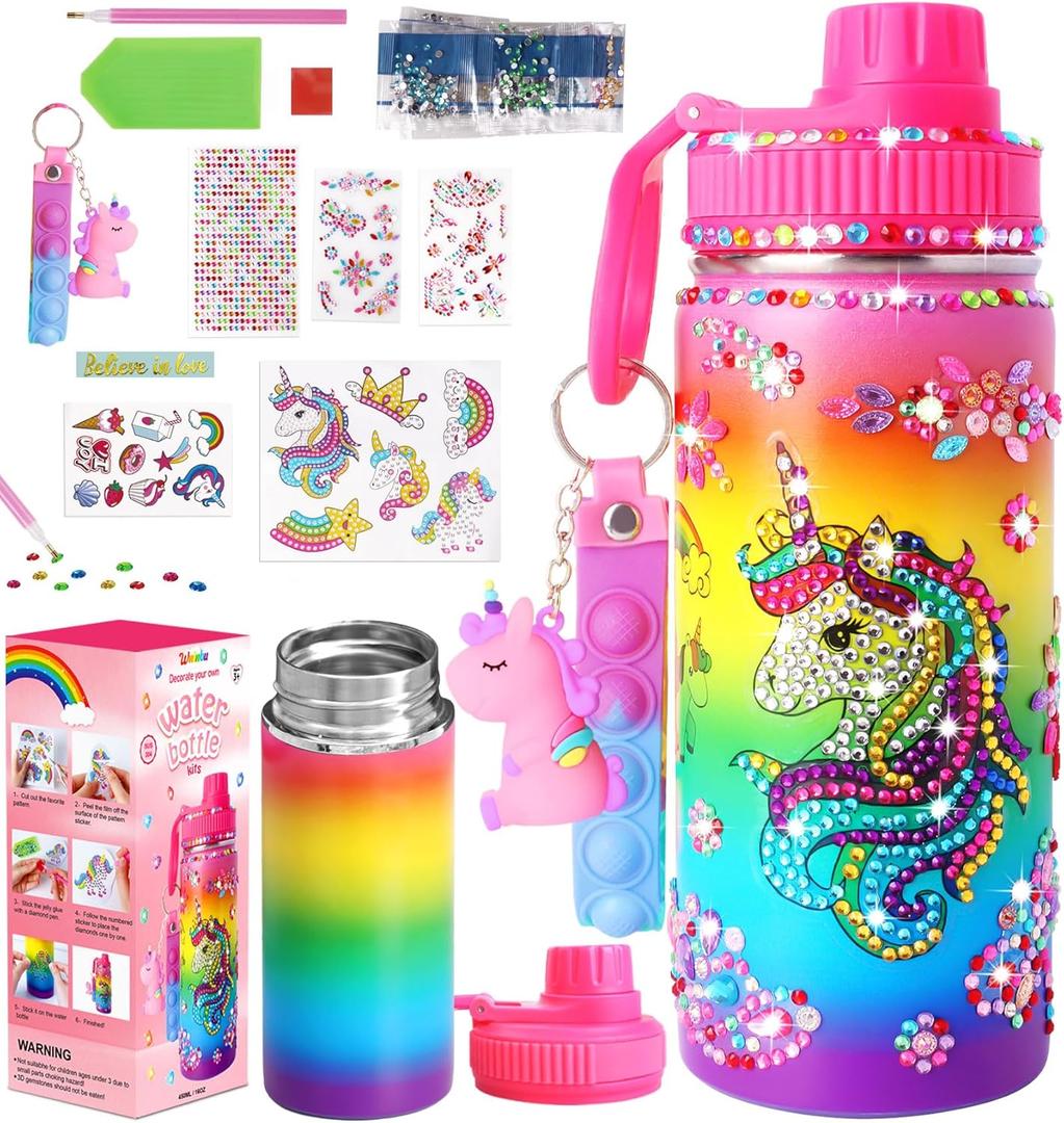 Wninbu Decorate Your Own Water Bottle Kits for Girls, Stainless Steel Unicorn Water Bottle Girls, Arts and Crafts Ages 4-6-8-10, Gem Art Unicorn Toys Gifts Birthday Christmas Stocking Stuffers (Unicorn)