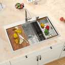 33 Inch Drop in Kitchen Sink Workstation- 33x19 Handmade T304 16 Gauge Stainless Steel Single Topmount Bowl 9" Deep Basin with Two Holes