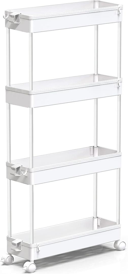SPACEKEEPER Slim Rolling Storage Cart 4 Tier Bathroom Organizer Mobile Shelving Unit Utility Cart Tower Rack for Kitchen Laundry Narrow Places, White, 38.7*15.3*4.9 in
