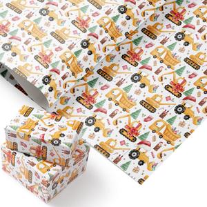 PlandRichW Construction Christmas Wrapping Paper 4028 Inch Jumbo Sheets, Non-Tear Bulk Gift Wrap - Cute santa with Hat Trucks, Cranes, Excavators & Xmas Trees - 4 Pre-Cut Sheets for Kids & Adults