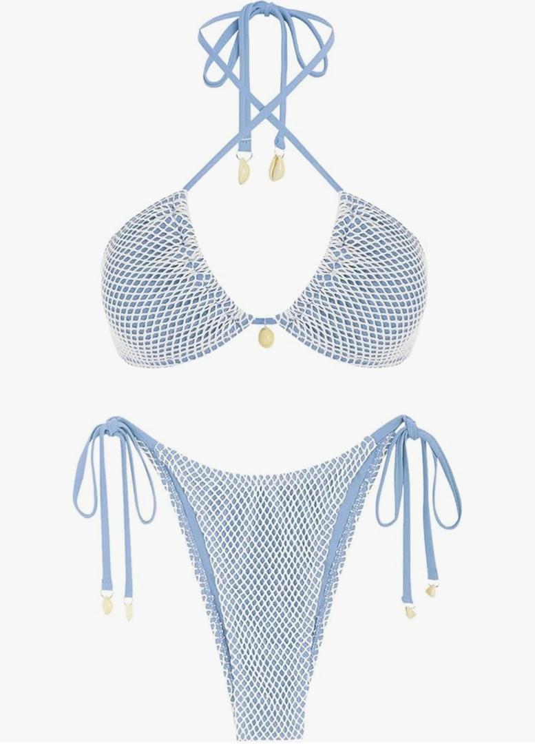 ZAFUL Women's Triangle Bikini Multiway Fishnet Tie Side Bandeau Halter String Bikini Set Two Piece Swimsuit Bathing Suits Size L