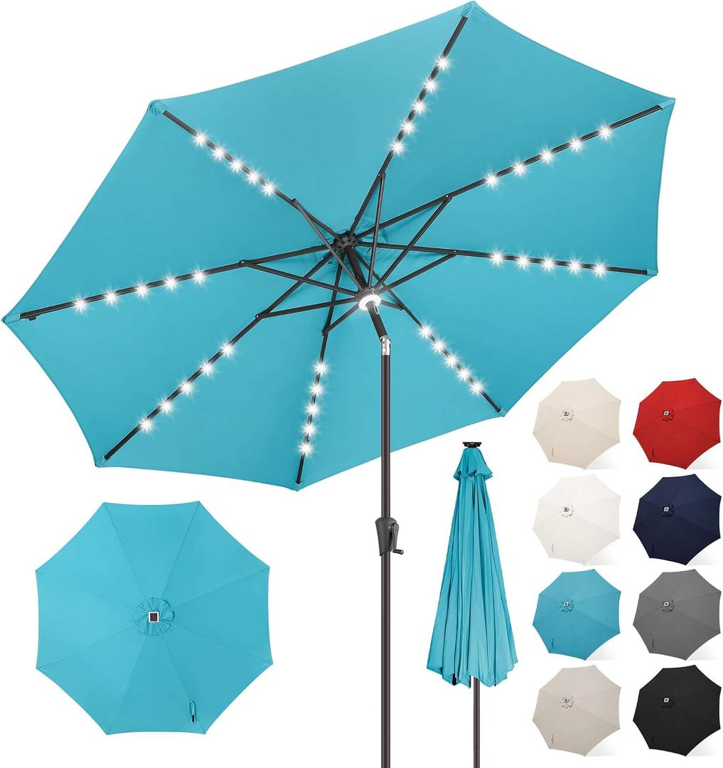 FLAME&SHADE 11 FT Solar Light Patio Umbrella, 40 LED Lights Outdoor Umbrella with Centre Surround Light, Table Market Umbrella for Deck, Pool, Porch, Backyard, Garden, UV Protection, Aqua Blue