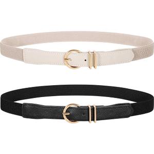 WERFORU 2 Pack Women Skinny Elastic Waist Belt Gold Buckle Stretchy Thin Belt for Jeans Dress, L
