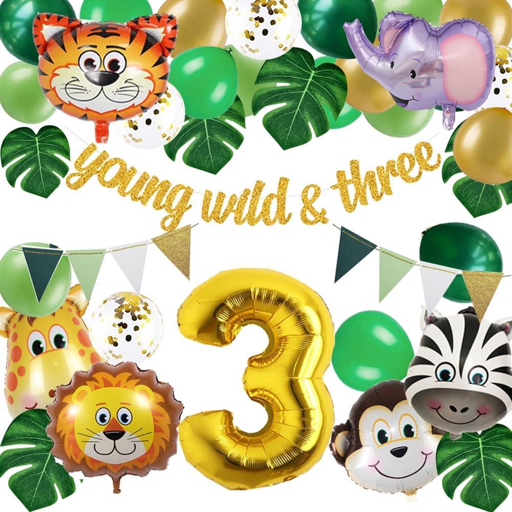 Jungle 3rd Birthday Decorations, Safari Birthday Party Wild Three Party Supplies Animals Head Foil Balloons Young Wild & Three Banner for Boy Girl 3 Year Old Decor (Jungle 3rd)
