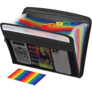 H4D Zippered Accordion File Organizer with Front Mesh Pouch, 13 Pocket Expanding File Folder, Fit for Documents Letter Size A4 Papers, Black
