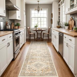 Washable 2'6''x8' Runner Rug - Non-Slip Vintage Runner Rug for Entryway Low-Pile Medallion Long Rugs for Hallway Waterproof Traditional Runner Rugs Indoor Thin Kitchen Rug (Orange/Yellowish)