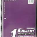 Top Flight Standards 1-Subject Wirebound Notebook, 100 Sheets, 3-Hole Punched, College Rule, 10.5 x 8 Inches, 1 Notebook, Color May Vary (31119)