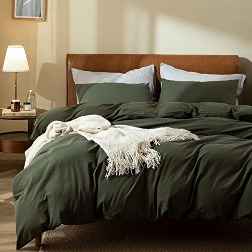 Dark Green Duvet Cover - 100% Washed Cotton Linen Like Textured, Queen Bedding with Zipper Closure, Breathable, Durable, Soft Comfy (Green, Queen Size, 1 Duvet Cover with 2 Pillowcases)
