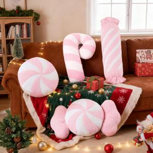 Lanpn Christmas Candy Pillows Set of 4, Christmas Decoration Winter Throw Pillows Soft Fleece Cute Long Lumbar Candy Cane Bow Lollipop Peppermint Cushion for Sofa Bedroom Xmas Decor (Pink)