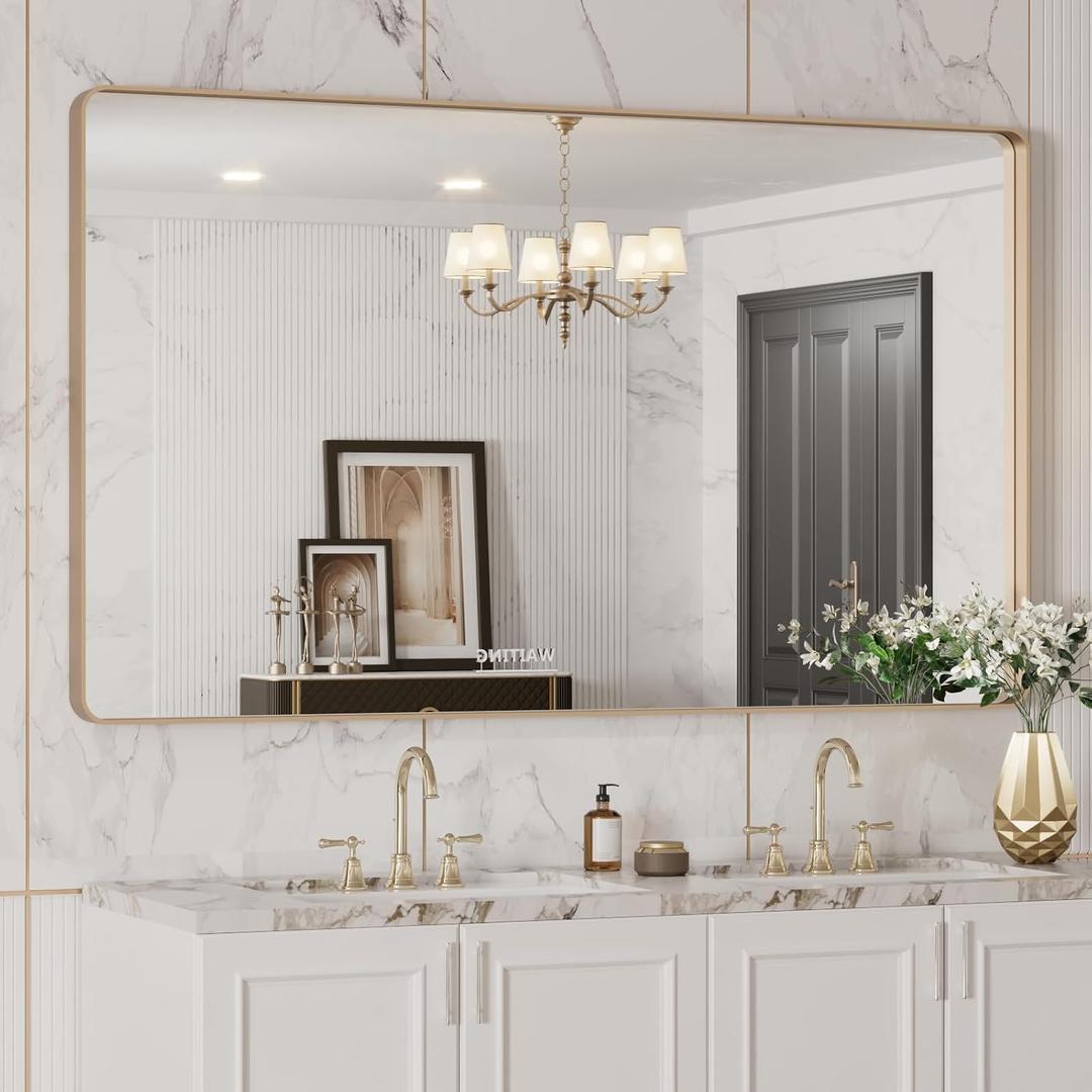 LOAAO 50X30 Gold Bathroom Mirror, Rounded Rectangle Gold Frame Mirror, Brushed Gold Bathroom Vanity Mirror Wall-Mounted, Anti-Rust, Tempered Glass, Hangs Horizontally or Vertically