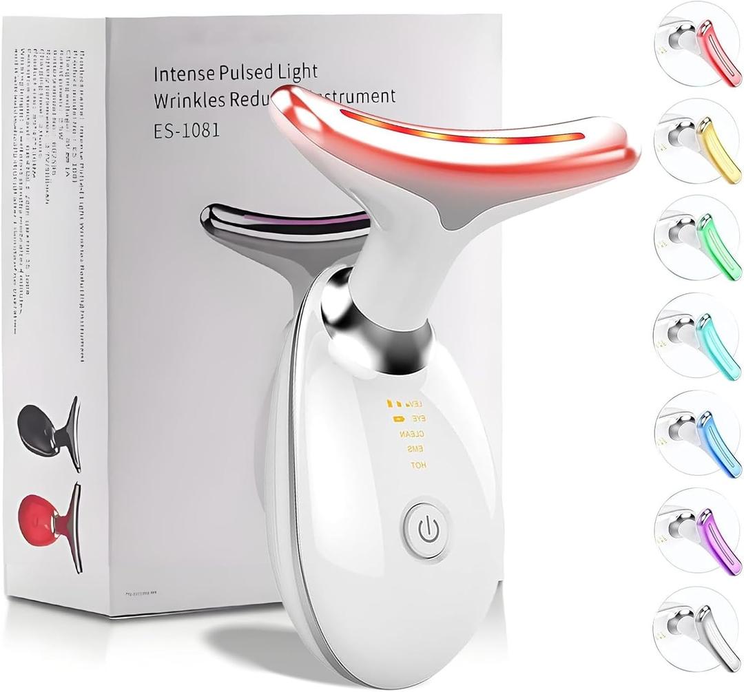 Device | 7-in-1 Red Light Therapy for Face and Neck - 7 Colors, Smart Vibration | Red Light Face Massager Tool - Effectively Remove Wrinkles, Lift Neck, Portable Skin Care Tool (White)