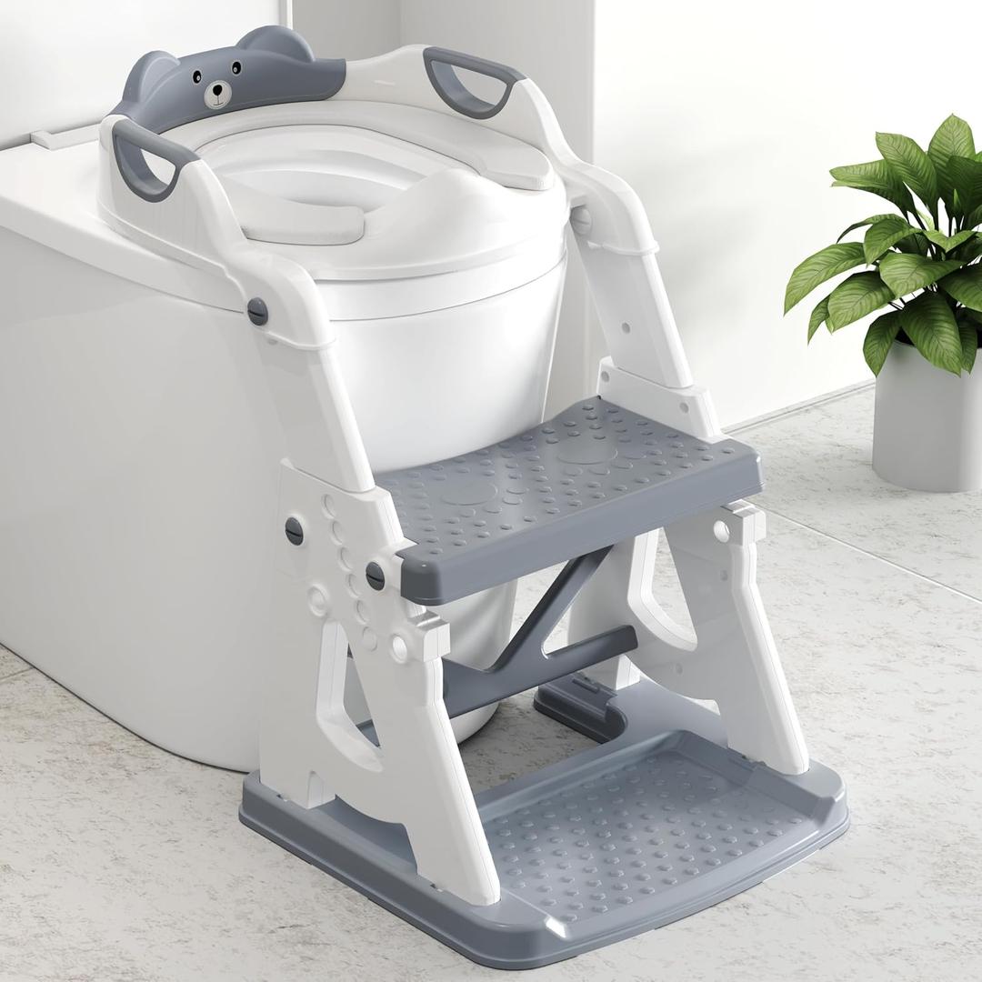 Potty Training Seat, 2 in 1 Potty Training Toilet with Step Stool for Boys Girls, Toddler Toilet Seat with Stabilizer Crossbar, Anti-Slip Pads and Splash Guard, Grey