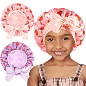 YANIBEST 2 PCS Toddler Bonnet Silk Satin Bonnet for Kids Sleeping Cap Curly Natural Hair Kids Bonnets for Girls Boys (5-12 Years, Purple+pink)