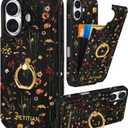 Petitian for iPhone 17 Case with Wallet - Women Girls Cute Girly Aesthetic Unique Design Leather Credit Card Holder Cardholder 360 Rotatable Ring Stand for iPhone 17, Grow Flower