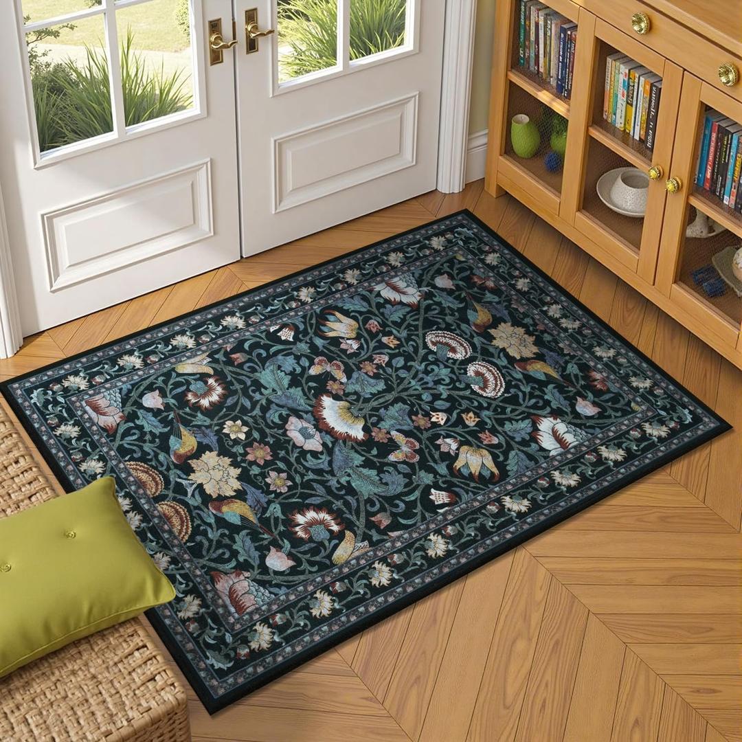 Vintage Floral Small 2x3 Rugs for Entryway, Washable Area Rug for Entrance,Non-Slip and Low Pile Thin Throw Carpet for Kitchen Floor, Front Door Indoor Door Mat, Bathroom, Bedroom Bedside, Black