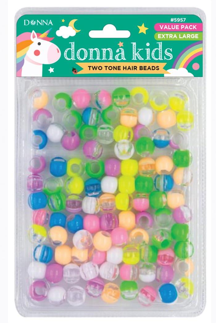 DONNA Kids Two Tone Hair Beads  Extra Large Pony Beads for Braids, Twists & Ponytails  Clear Pastel Assorted Colors with Threading Tool  Value Pack for Girls
