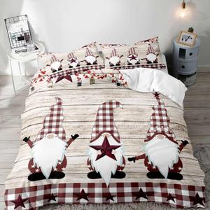 LUVIVIHOME 3PCS Christmas Gnome Duvet Cover Queen Bedding Sets, Primitive Country Rustic Farmhouse Bedding, Holly Berry Star Red Buffalo Plaid Checkered Comforter Bedspread Quilt Cover, 2 Pillow Shams
