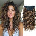 Aisaide Clip in Hair Extensions, 4PCS 16 inch Curly Hair Extensions Short Soft Natural Hairpiece Lace Weft Curly Wave Clip Ins Extensions Invisible for Women,Chocolate Brown with Light Honey Blonde