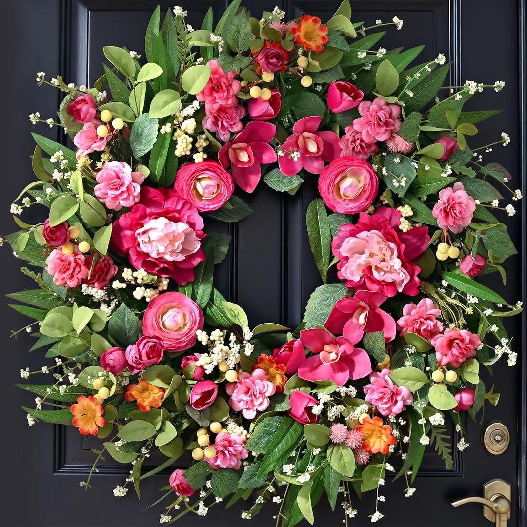 Waipfaru Spring Wreaths for Front Door, 26" Large Spring Summer Easter Wreaths for Front Door with Rose Peony Tulip Magnolia, All Seasons for Indoor Outdoor Farmhouse Home Porch Wall Window Decor