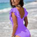 Sovoyontee Women's Ruffle One Piece Swimsuit Tummy Control Bathing Suits Drawstring Cutout V Neck Swimwear (Purple, S)