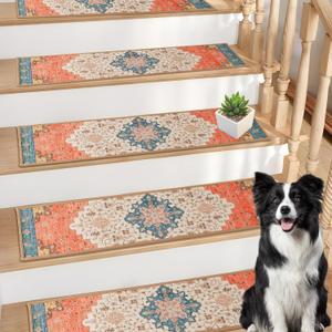 Bohemian Stair Treads for Wooden Steps,15PCS 8" X 30"Non Slip Stair Runner,Indoor Carpet Stair Treads with Reusable TPEAdhesive,Safety Stair Runner for Kids Elders and Pets,Stairway Grip,Bohemia,Red
