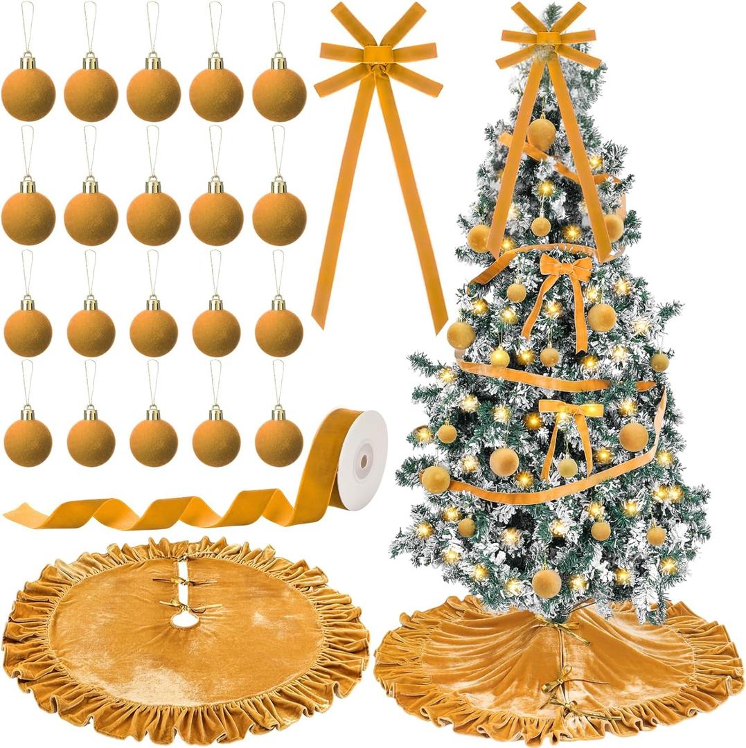 24 Pcs Velvet Christmas Tree Decorations Set Velvet Christmas Tree Skirt Bow Topper Xmas Ball Ornaments Ribbon LED Light for Xmas Holiday Party Wreath Decoration (Gold)