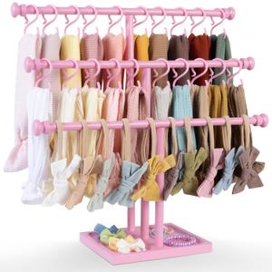 POVETIRE Headband Holder Stand Storage for Baby, 3 Tier Wooden Bow Organizer for Girls Hair Bows, Infant Hair Accessories Rack Display for Nursery Decor (Pink)