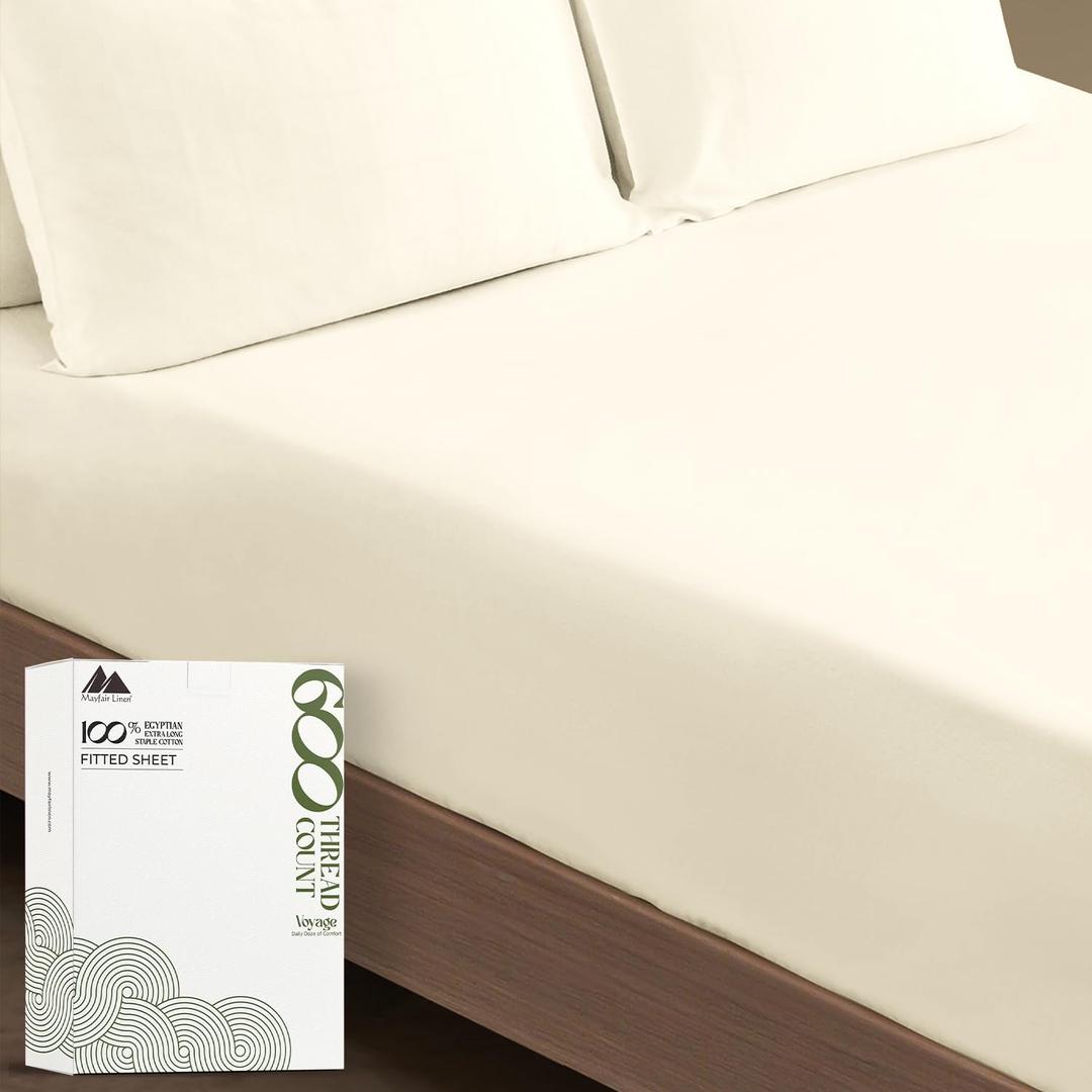 MAYFAIR LINEN 100% Egyptian Cotton California King Fitted Sheet Only - 600 Thread Count Cal King Sheets Deep Pocket Fitted, Soft Cooling No Pop-Off Elastic Bottom Sheet, Fits Mattress upto 18" - Ivory