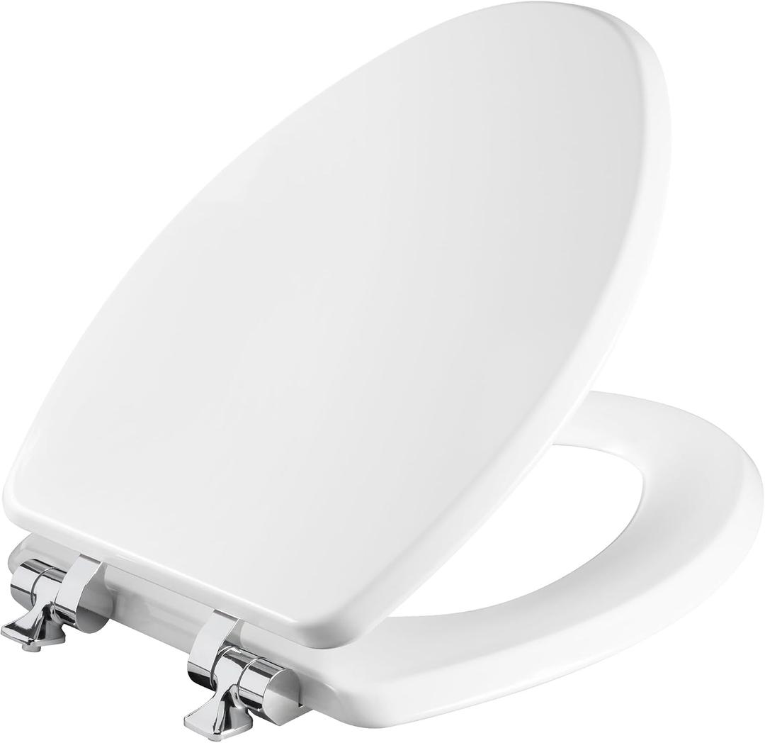 Mayfair Bennett Toilet Seat with Chrome Hinges, Slow Close Wood Seat, Secure Metal Hinges, Easy Install, Made in USA, Elongated, White