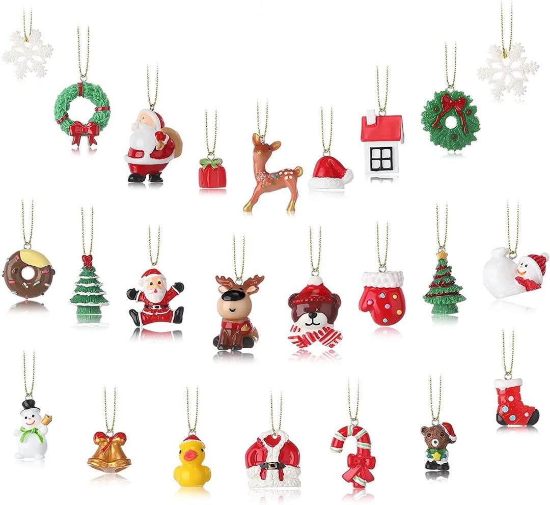 24 Pieces Mini 3D Resin Christmas Ornaments Small Hanging Christmas Tree Decorations Santa Snowman Xmas Tree Ornaments Miniature Figurines Holiday Tiny Resin Decoration, Assorted Styles