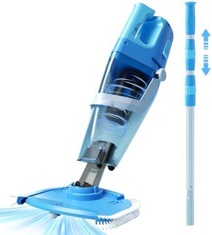 Cordless Pool Vacuum with Telescopic Pole, 26.5 gallons/min Powerful Suction, Handheld Rechargeable Swimming Pool Cleaner with 1H Running Time, Pool Vacuum for Above/In Ground Pools, Spas, Hot Tubs