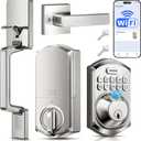 TEEHO TE012W-H WiFi Smart Door Lock with Handle, Fingerprint, Keypad, Key & App Control, Keyless Entry Deadbolt Set, Compatible with Alexa & Google Assistant, Easy Install for Front Door, Satin Nickel