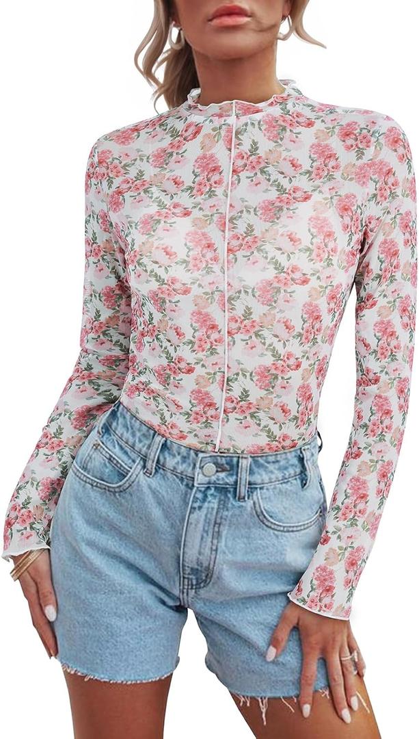Women's Sheer Floral Long Sleeve Layering Top Ruffled Mock Neck Sheer Blouse for Casual Brunch Party Club Night Date Outfits (Pink, L)