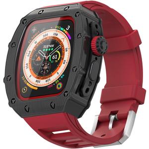 For Apple Watch Ultra Band 49mm Case, Luxury Rugged Metal Cover Screen Protector Fluoroelastomer Strap for iWatch Ultra Series 49mm Replacement Strap Heavy Duty Bumper Case for Men (49mm, Red)