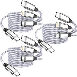 Multi Charging Cable 4ft 3Pack Usb Charger 3 in 1, C Port Multi iPhone Charger Cable Nylon Braided Apple MFi Certified Fast Charging Cord with Type-C/Usb C Micro Lightning for Phone iPad iPhone Tablet (Gray Silver-3Pack)