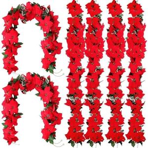 Crowye 20 Pcs Christmas Poinsettia Garland with Holly Leaves Artificial Poinsettia Flower Vines Xmas Rattan Ornament for Mantle Fireplace Table Indoor Outdoor Garland Christmas Decor