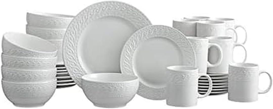 Pfaltzgraff Sylvia 32-Piece White Dinnerware Set, Service for 8, Durable Stoneware Plates, Bowls, and Mugs, Microwave and Dishwasher Safe