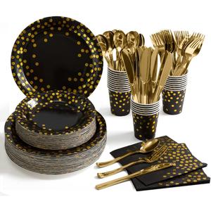 HOMIX 350 Pcs Black and Gold Plates and Napkins Party Supplies, Serves 50 Disposable Paper Plates, Napkins, Cups, Silverwares for Black and Gold Retirement Graduation Party Decorations