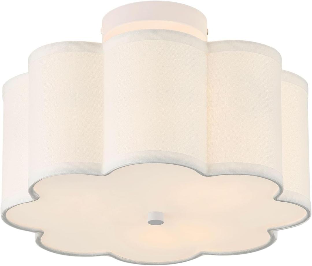 13.3"Semi Flush Mount Ceiling Light Fixture, 3-Light Modern Close to Ceiling Light With Fabric Flower-Shaped Shade, Light Fixtures Ceiling Mount for Bedroom Nursery Kids Room Living Room(White)