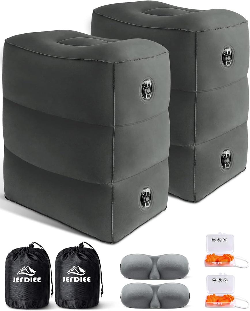 JefDiee Inflatable Foot Rest Pillow, Kids Airplane Bed, Adjustable 3 Layers Height Leg Rest Pillow, Airplane Travel Essentials Great for Airplane, Office, Home, Trains, Cars (Dark Grey-2pack)