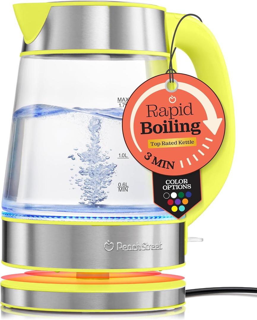 Speed-Boil Water Electric Kettle, 1.7L 1500W, Coffee & Tea Kettle Borosilicate Glass, Water Boiler, Auto Shut-Off, Cool Touch Handle, Base Detachable, LED. 360 Rotation, Boil Dry Protection (Yellow)