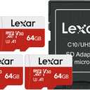 Lexar E-Series 64GB Micro SD Card 3 Pack, microSDXC UHS-I Flash Memory Card with Adapter, 100MB/s, C10, U3, A1, V30, Full HD, 4K UHD, High Speed TF Card