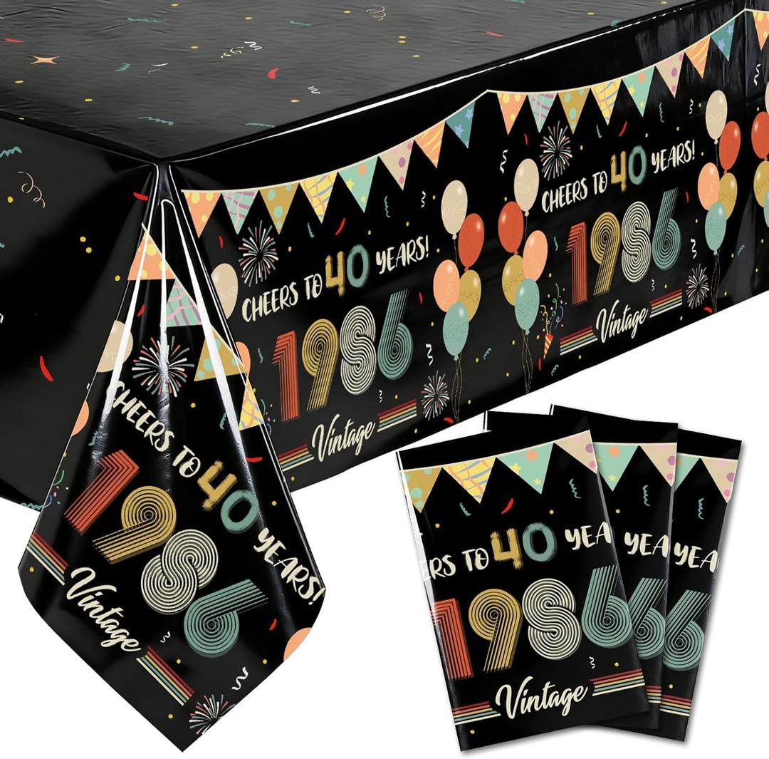 3PCS Vintage 40th Birthday Tablecloths, 1986 Theme Cheers to 40 Years Table Covers for Men Women, 1986 Retro 54" x 108" Table Cloth Plastic Rectangular, Happy 40th Birthday Anniversary Party Supplies