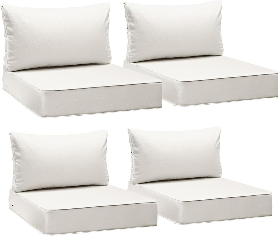 AAAAAcessories Outdoor Seat Cushions for Chairs, Fade-Resistant, Waterproof Patio Furniture Replacement Cushions, 25.5" x 25.5" x 5" + 25.5" x 13.5", Set of 4, Creamy White