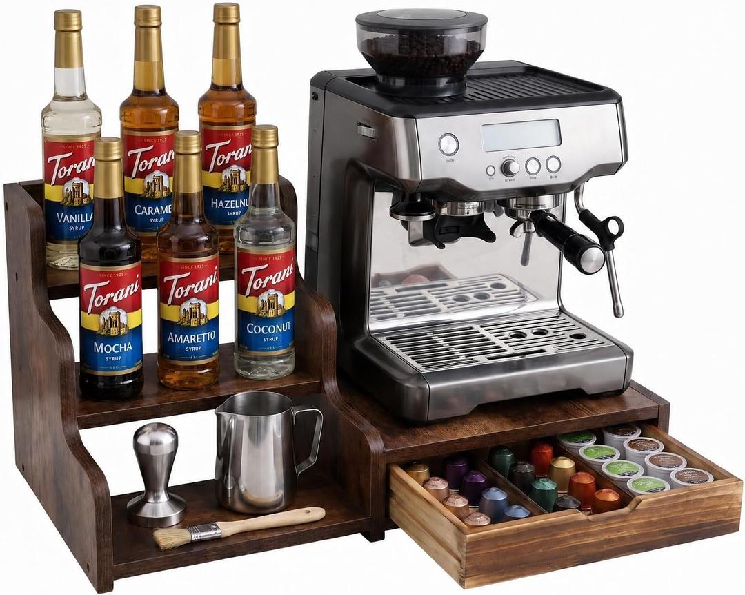 Wood Coffee Bar Organizer Station with Syrup Rack and Capsule Drawer, 3 Tier Coffee Syrup Organizer for Countertop, Coffee Station Organizer with Storage for Coffee Pods, Espresso Machine Stand Shelf