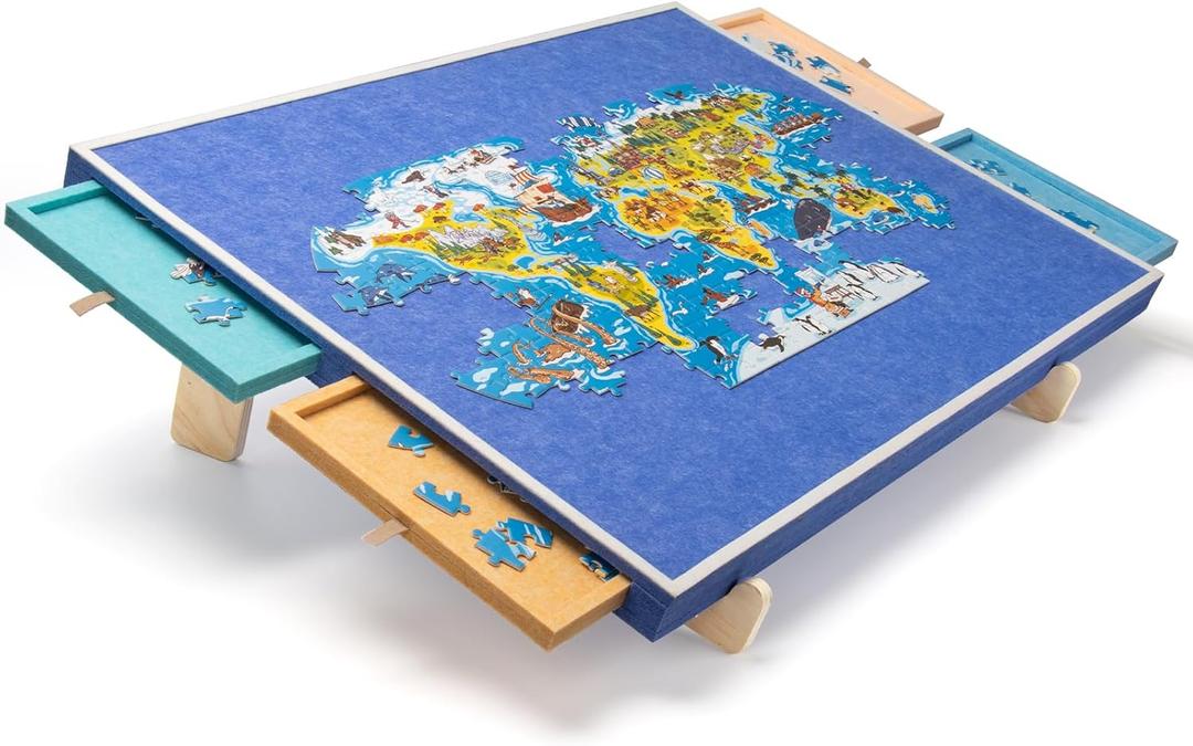 Puzzle Board, 3.8lbs Lightweight Felt Jigsaw Playing Board withTilt Stand, 31 x 22.5 inches Portable Puzzle Game Board with Drawers & Cover - Blue