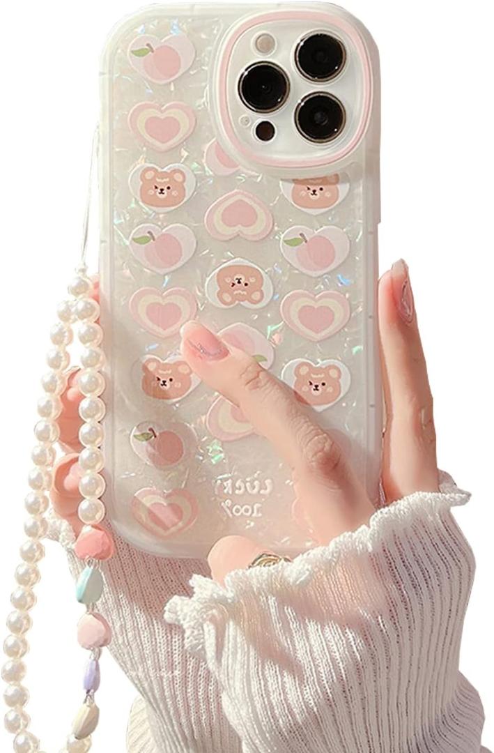 Fycyko Compatible with iPhone 13 Pro Max Case Cover Cute Women,Bear Love Heart Pattern with Pearl Strap Bracelet Chain Sparkly Phone Case Camera Protect for 13 Pro Max-6.7 inch